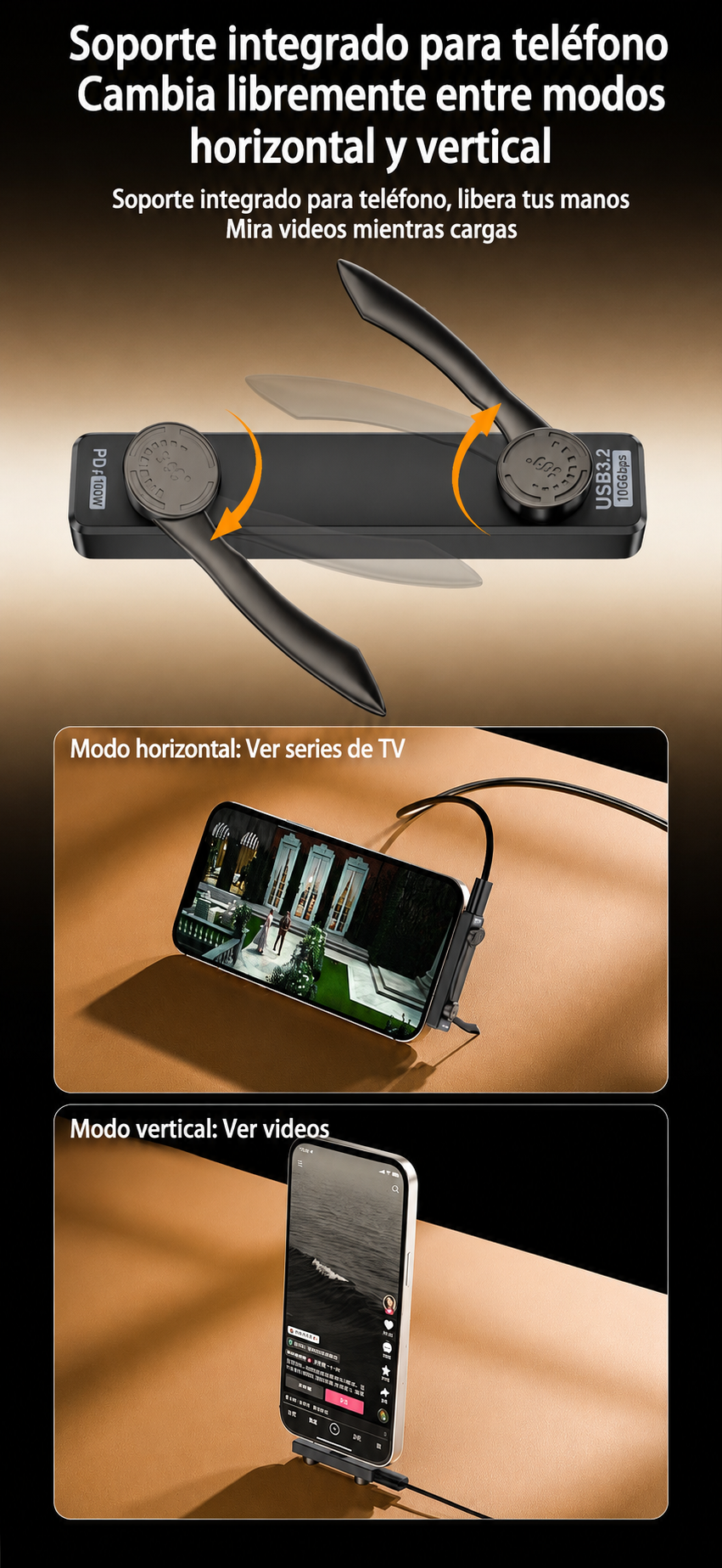 Soporte Plegable 2 en 1 USB-C para Móvil y Portátil - Carga Rapida PD 100W, Datos 10Gbps y Audio