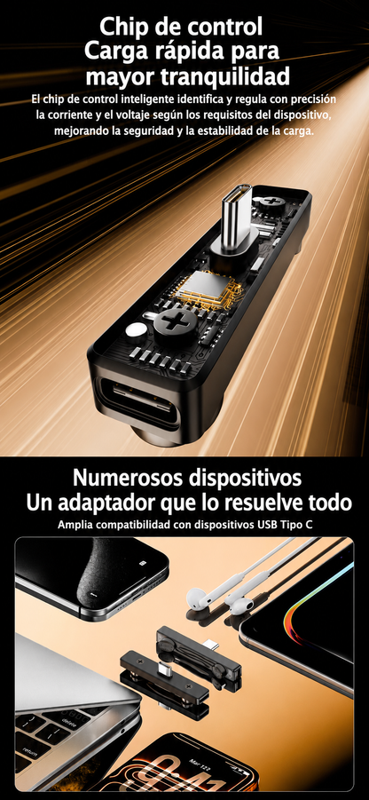 Soporte Plegable 2 en 1 USB-C para Móvil y Portátil - Carga Rapida PD 100W, Datos 10Gbps y Audio