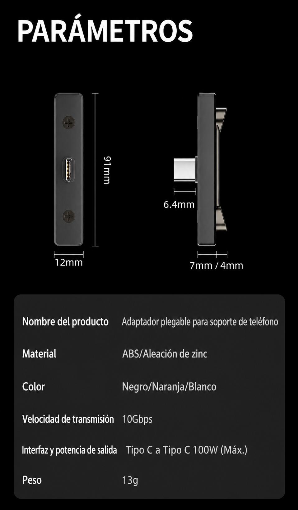Soporte Plegable 2 en 1 USB-C para Móvil y Portátil - Carga Rapida PD 100W, Datos 10Gbps y Audio