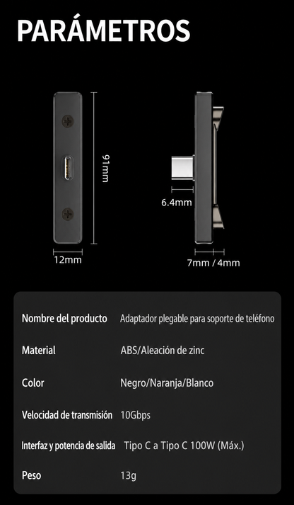 Soporte Plegable 2 en 1 USB-C para Móvil y Portátil - Carga Rapida PD 100W, Datos 10Gbps y Audio