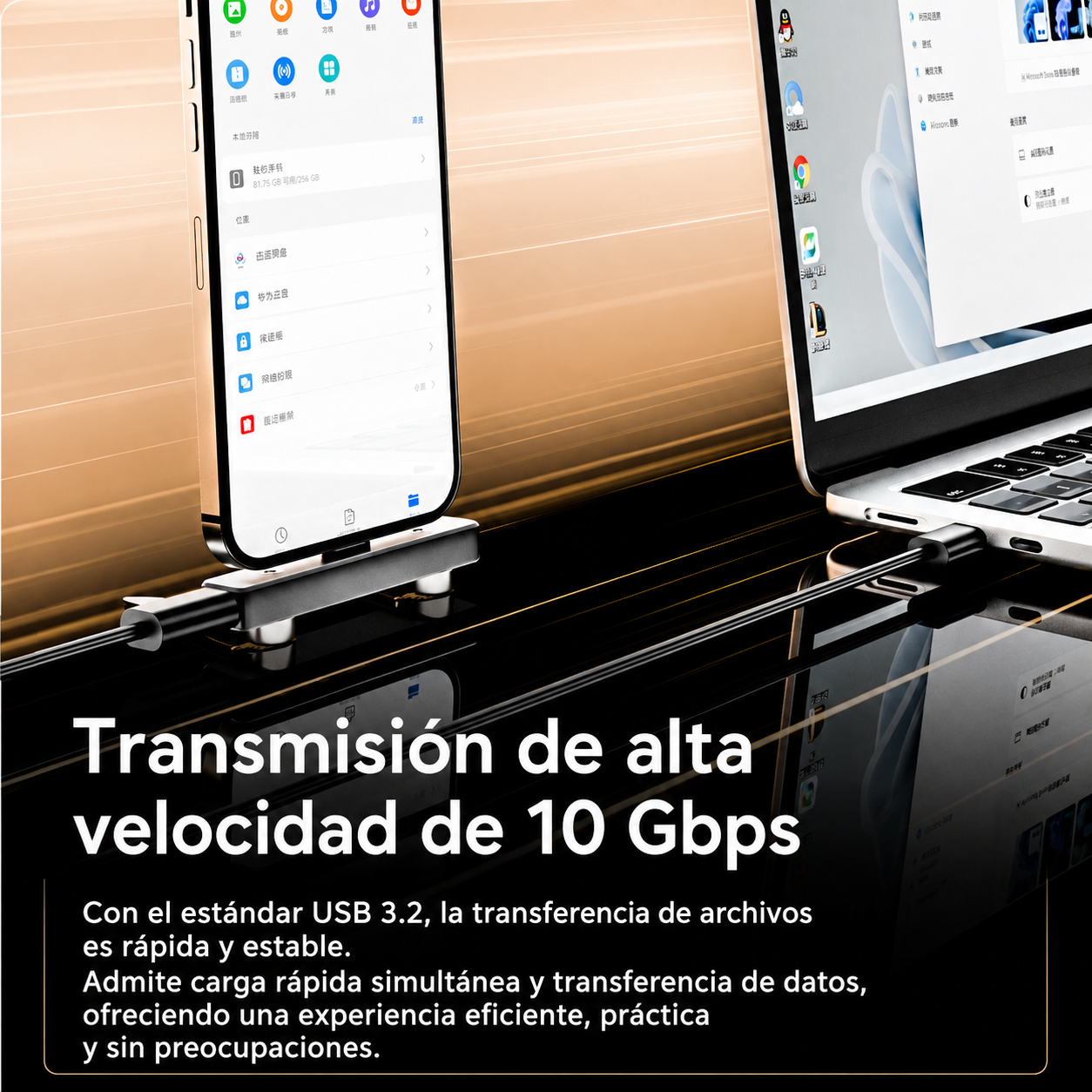 Soporte Plegable 2 en 1 USB-C para Móvil y Portátil - Carga Rapida PD 100W, Datos 10Gbps y Audio