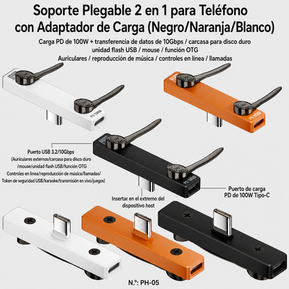 Soporte Plegable 2 en 1 USB-C para Móvil y Portátil - Carga Rapida PD 100W, Datos 10Gbps y Audio