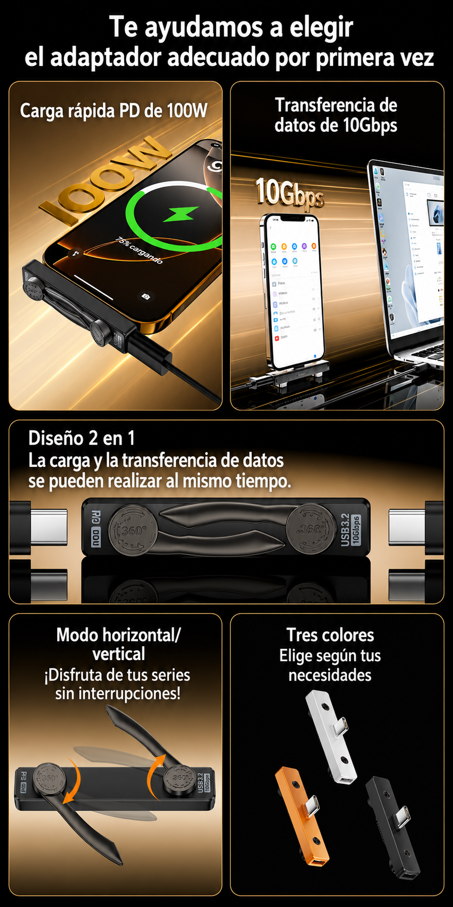 Soporte Plegable 2 en 1 USB-C para Móvil y Portátil - Carga Rapida PD 100W, Datos 10Gbps y Audio
