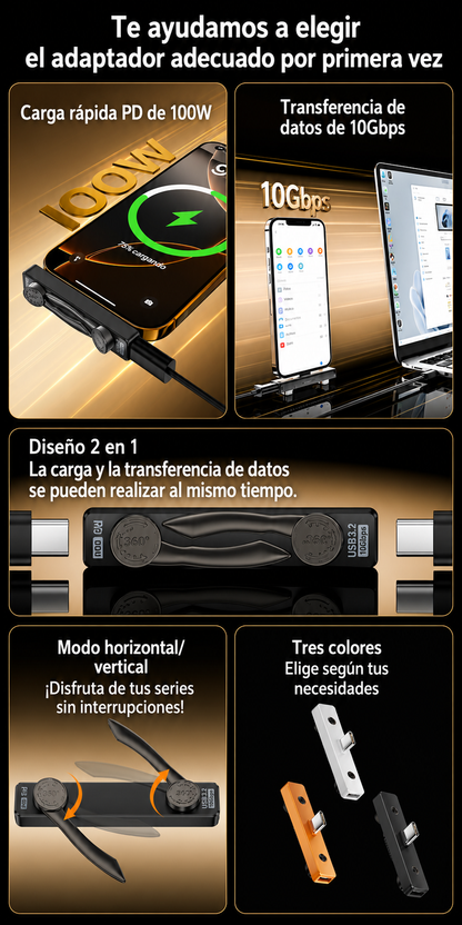 Soporte Plegable 2 en 1 USB-C para Móvil y Portátil - Carga Rapida PD 100W, Datos 10Gbps y Audio