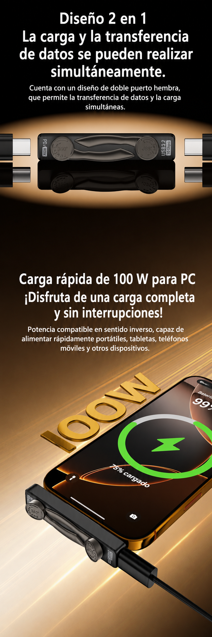 Soporte Plegable 2 en 1 USB-C para Móvil y Portátil - Carga Rapida PD 100W, Datos 10Gbps y Audio
