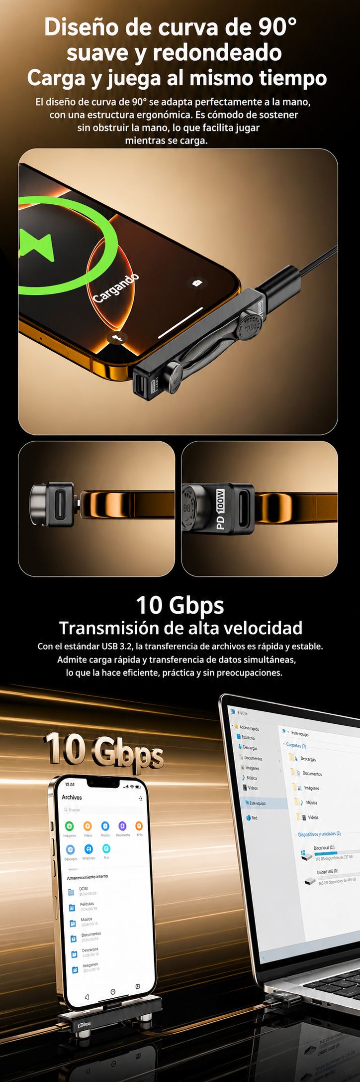 Soporte Plegable 2 en 1 USB-C para Móvil y Portátil - Carga Rapida PD 100W, Datos 10Gbps y Audio