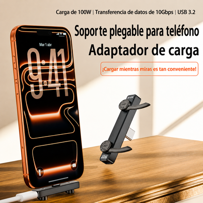Soporte Plegable 2 en 1 USB-C para Móvil y Portátil - Carga Rapida PD 100W, Datos 10Gbps y Audio